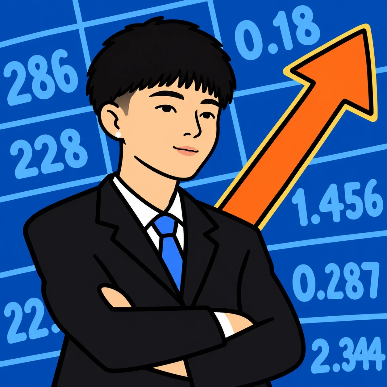Kimchi in a black suit with arms crossed in front of a blue market board and an orange arrow