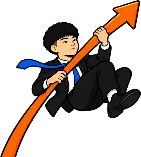 Kimchi riding a rising orange arrow